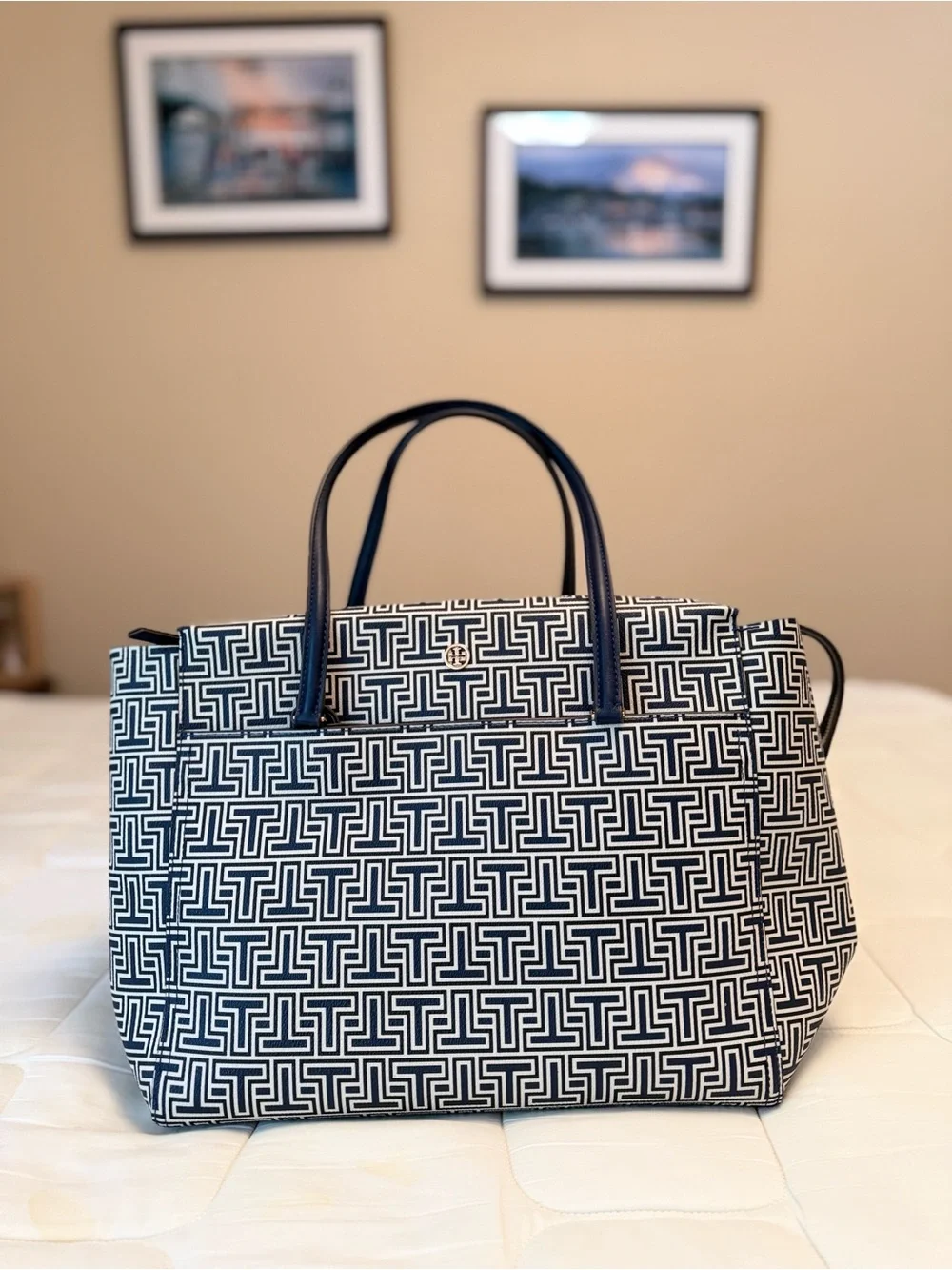 Tory Burch Navy and White Logo-Print Tote